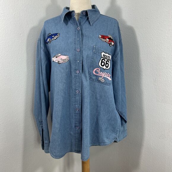 Vtg Get Lucky Denim Shirt Womens L Blue Convertible Car Embroidered Rockabilly - Picture 1 of 9